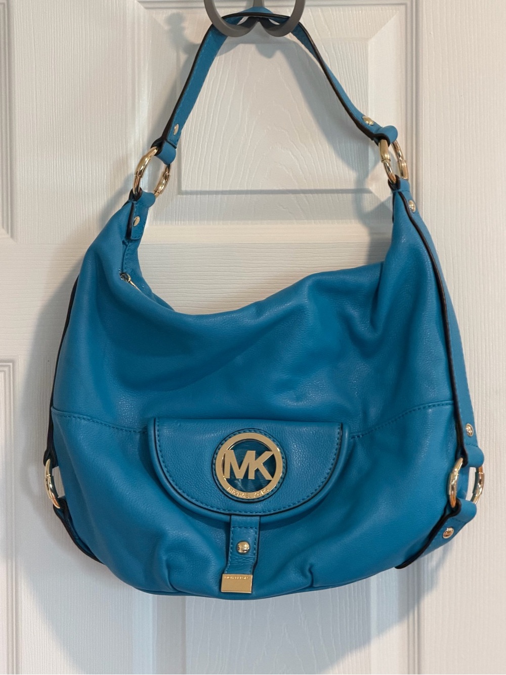 Michael Kors Aqua Blue Leather Hobo with Gold MK Accent
